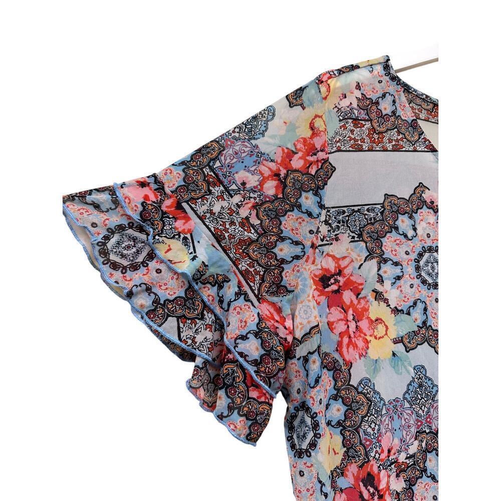 Size 18 W Plus Mesh Cato Boho Floral Colorful Unique Stretch Vacation Top Shirt - Picture 2 of 10
